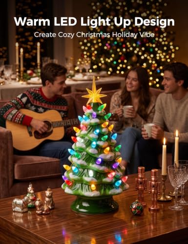 Snow-Flocked 13in Brightown Pre-lit Ceramic Christmas Tree, Battery Powered | Snow-flocked Variant