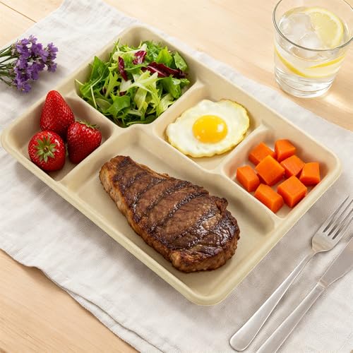 Eco-Friendly 5-Compartment Disposable Paper Plates - Medium 12.5x8.6 Inch Natural Pack of 100