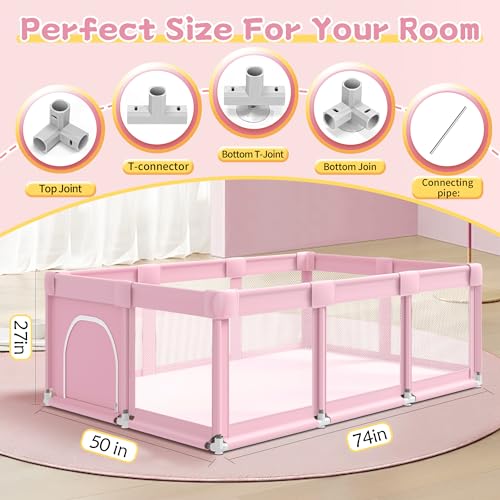 Pink Baby Playpen 74x50x27 Inch Large Indoor & Outdoor Toddler Play Yard with Soft Mesh