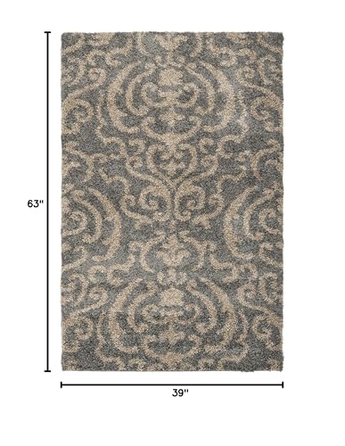 SAFAVIEH Florida Shag Collection Accent Rug - 3'3" x 5'3", Grey & Beige, Damask, Non-Shedding & Easy Care, 1.2-inch Thick Ideal for High Traffic Areas in Foyer, Living Room, Bedroom (SG462-8013)