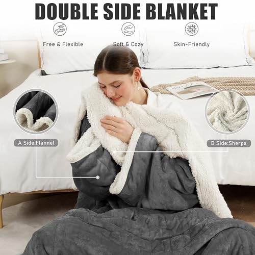 Wearable Heated Blanket with Foot Pocket & Hood - 50x70 Dark Gray, 6 Heat Settings, Auto Shut-Off, Machine Washable