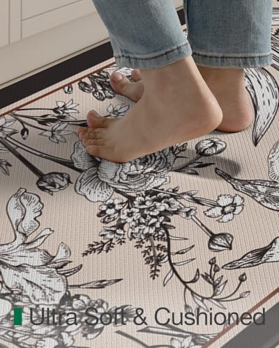LUMI Anti-Fatigue Kitchen Mat 24x108 Inches - Cream & Dark Brown, Non-Slip, Waterproof, Cushioned Runner Rug