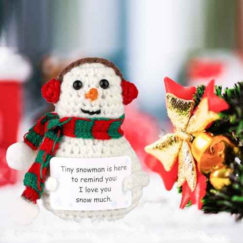Positive Snowman, Funny Knitted Snowman Inspirational Gift with Positive Card Cute Crochet Potato Positive Christmas Encouragement Crocheted Doll for Room Office Desktop Decoration