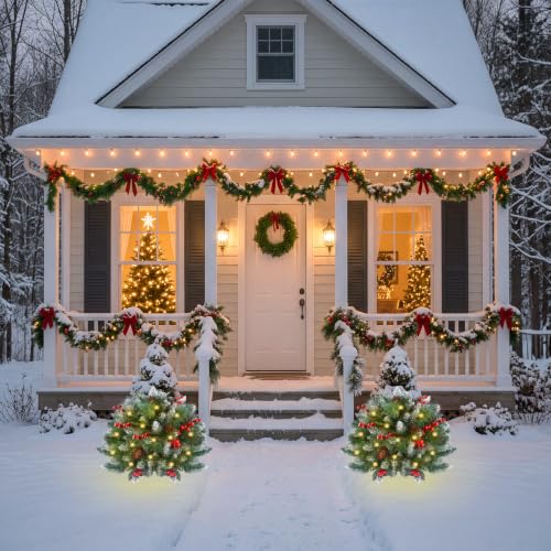 Drelmixo 2 Pack Artificial Christmas Urn Filler with Pre-Lit Warm White Lights