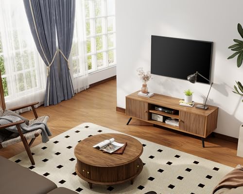 GTPLAYER Cocoa 53in TV Stand - Mid Century Modern Entertainment Center for 55/60/65 Inch TVs with Fluted Doors