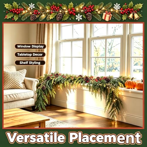 9FT Christmas Cedar Garland with 16.4FT Lights - Real Touch Faux Pine for Indoor/Outdoor Decor