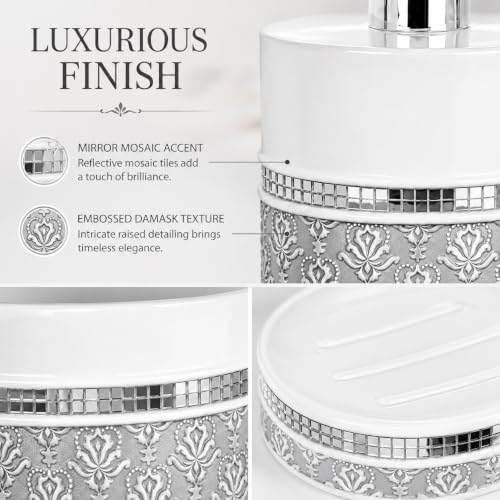 Resin Bathroom Accessories Set with Mirror Damask Design - 6 Pieces