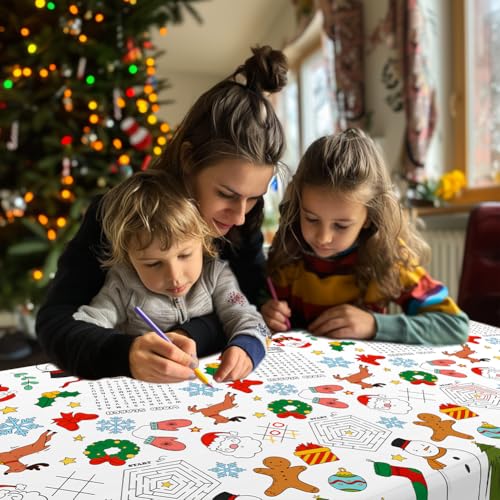Labeol Christmas Tablecloth, 108"x 54" Christmas Coloring Tablecloth for Kids, Santa Claus Snowman Reindeer Maze Color-in Paper Table Cover for Winter Party Arts and Crafts (2pcs)