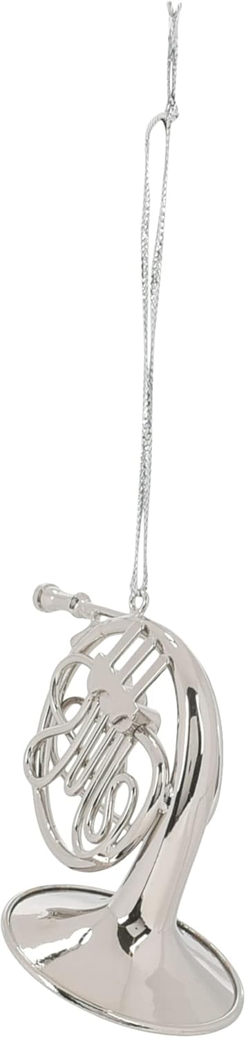 French Horn Hanging Ornament - 4 Inch Silver Tone Brass Decoration by Broadway Gifts