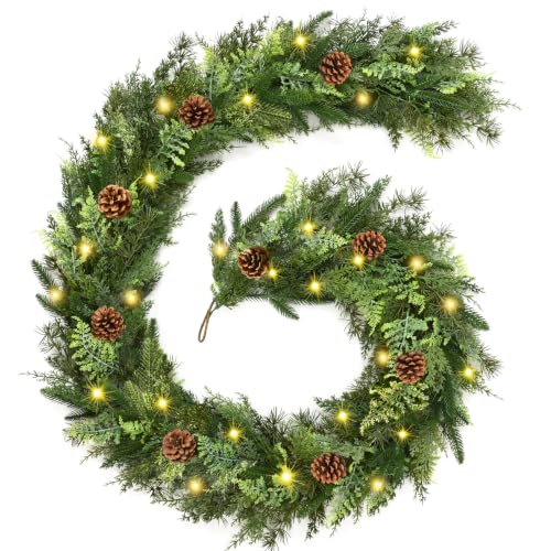 Waipfaru 2PCS 9FT Christmas Garland with Lights - Realistic Cedar & Pinecones Indoor Outdoor Decor