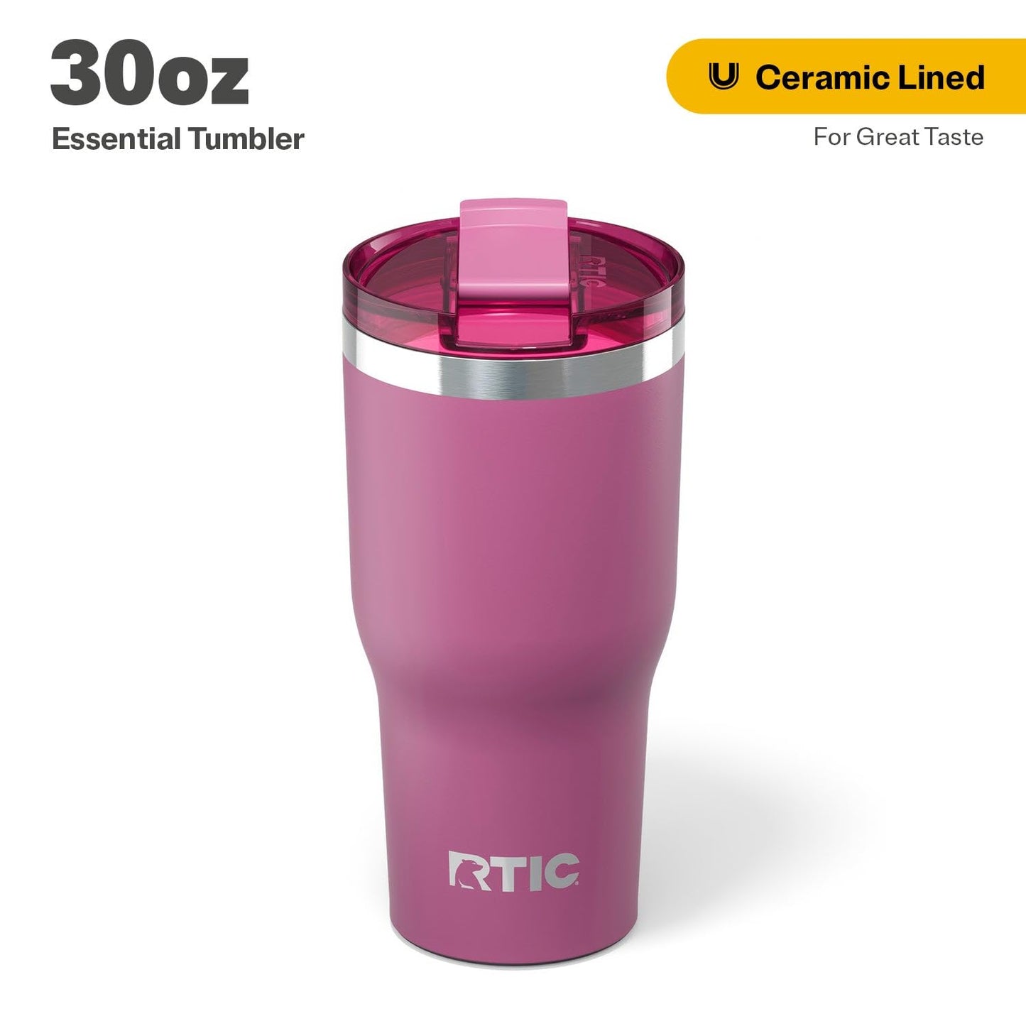 RTIC 30oz Essential Tumbler with Lid, Ceramic Lined, Insulated, Stainless Steel, Metal, Double Wall Vacuum-Insulation, Travel Cup for Iced Coffee, Tea, Hot and Cold Drink, Orchid