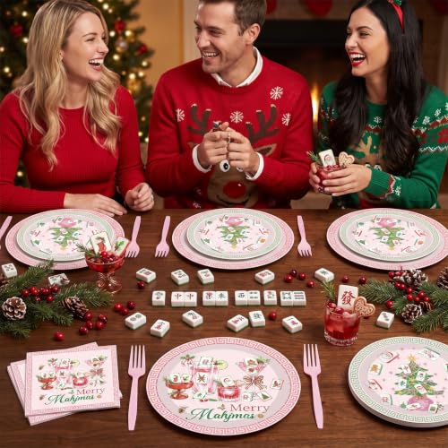 Musaeva Christmas Mahjong Party Tableware Set for 24 - Plates, Napkins, Forks
