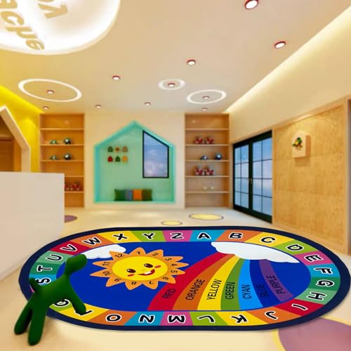 USTIDE Large Oval Kids Classroom Rug 6x9 Rainbow ABC Alphabet Playmat with Non-Slip Backing - Rainbow Sun Variation