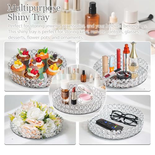 2 Pcs Silver 10" Round Metal Mirror Crystal Tray – Vanity for Makeup,
