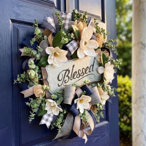 Farmhouse White Floral Wreath for Front Door & Porch Décor, 22in Spring Summer Decor