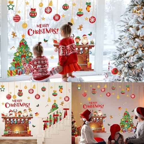 Christmas Wall Decals Christmas Tree Wall Stickers Xmas Ball Fireplace Decals Stickers Removable Merry Christmas Wall Decorations for Xmas Party Bedroom Living Room Office Home Decor, 4 Sheets