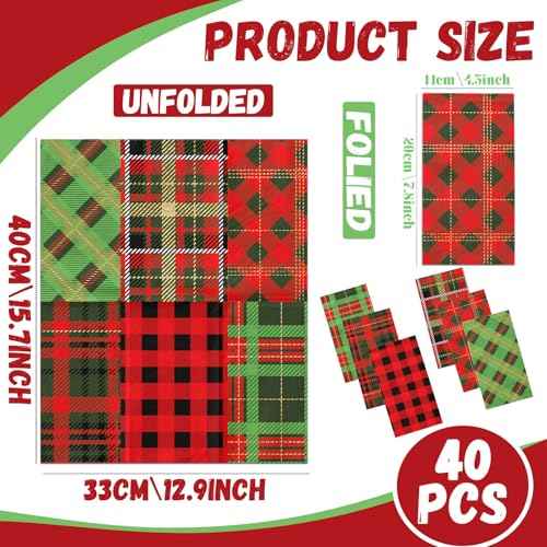 Christmas Paper Napkins,40pcs Red and Green Buffalo Plaid Christmas Cocktail Napkins Checkered Disposable Christmas Bathroom Napkins for Winter Party Supplies