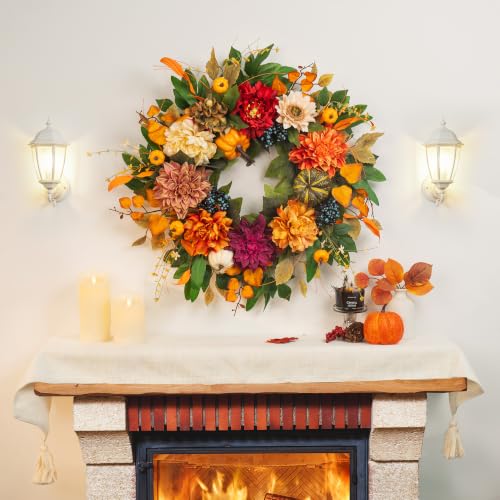 Fall Wreath for Front Door 24 Inch - Rustic Farmhouse Harvest Orange