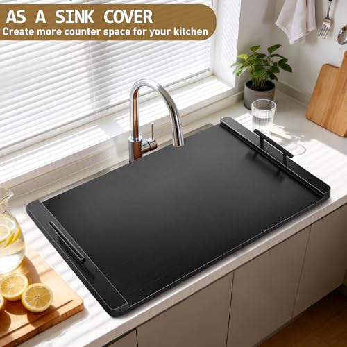 FUSOUBOTY Black Wooden Stove Cover with Handles - Kitchen Counter Extension & Serving Tray