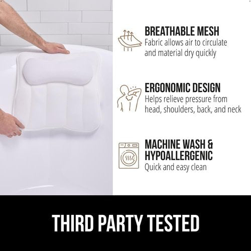 GORILLA GRIP Bath Pillow - 4D Mesh FlexComfort Headrest with 6 Suction Cups | Luxury Machine Washable, White