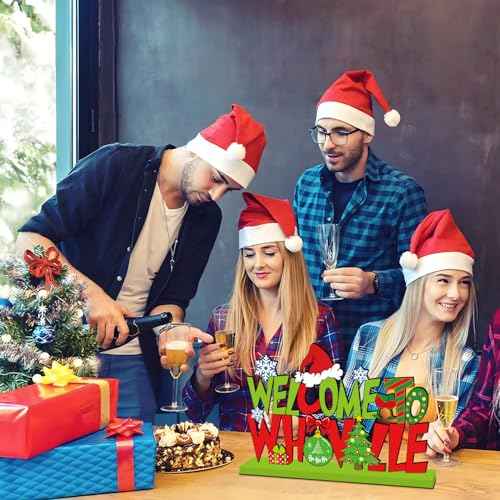 Christmas Table Decorations, Welcome to Christmas Party Table Centerpieces 11.8x7.9inch Red and Green Snowflake Style Wood Tabletopper for Winter Holiday