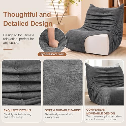 Grey Faux Fur Bean Bag Sofa Chair with Memory Foam - Floor Lounger for Living Room & Bedroom