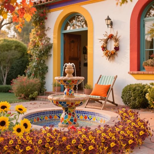 Fall Artificial Mum Flowers with Eucalyptus - 16 Bundles Autumn Faux Decor, UV Resistant for Front Door Porch & Patio - Orange, Yellow & Red