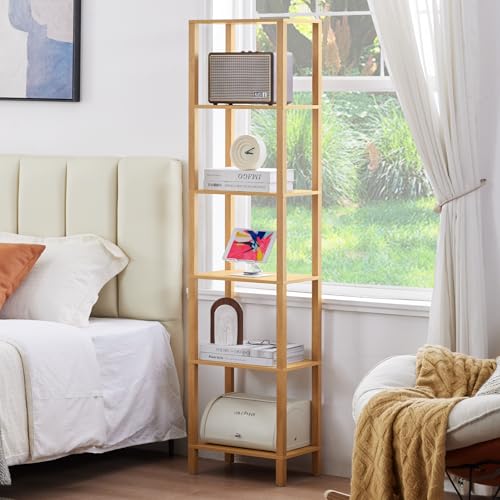 Natural 5-Tier Tall Narrow Bookshelf - Wooden Slim Bookcase for Home & Office