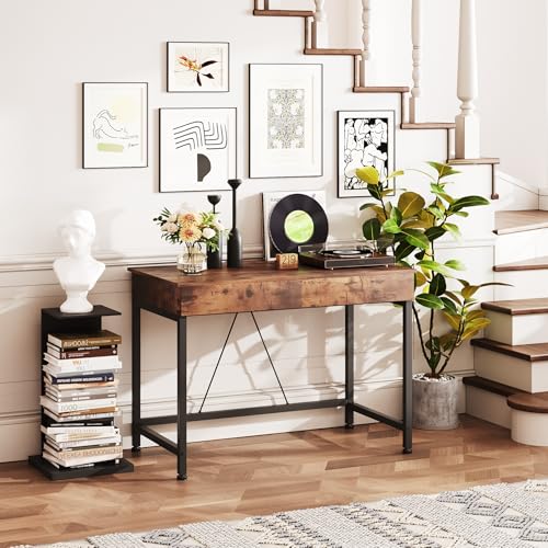 Small Writing Desk with 2 Wooden Drawers - Rustic Brown, 39.4 Inch Home Office & Vanity Table