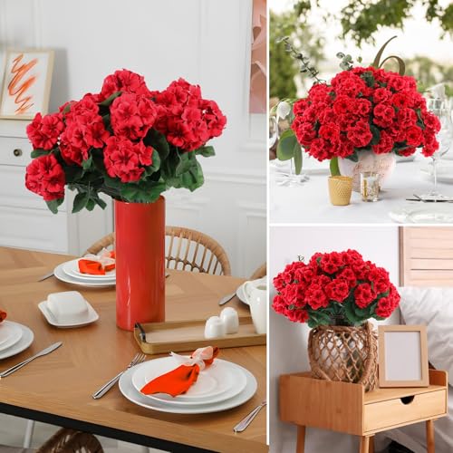 Hananona 24 Red Artificial Geranium Flowers for Outdoor & Indoor Decor