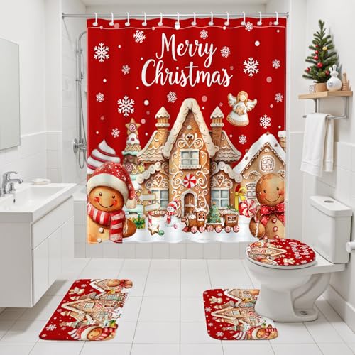 Christmas Shower Curtain Set with Gingerbread Design, Non-Slip Bath Rugs & Toilet Lid Cover - 4 Pieces