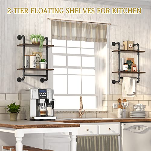 Brown 16-Inch Industrial Pipe Floating Bathroom Shelf with Towel Bar - Rustic Wall Storage