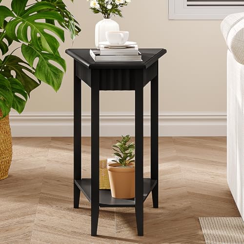 ChooChoo Fluted Wedge Side Table - Black 1 Pack with 2-Tier Storage