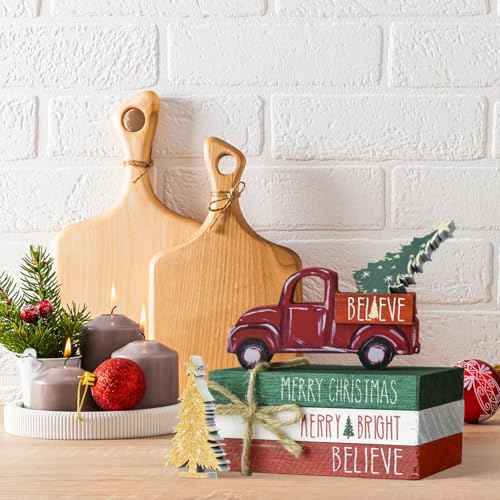 Smile Christmas Wooden Books Stack, Blieve Merry Bright Faux Books Bundle, Red Car Golden Trees Tiered Tray Decorations, for Home Table Mantle Shelf.