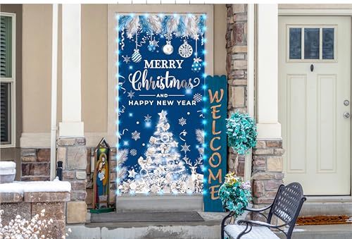 Lighted Christmas Door Cover - Blue Silver Tree Banner for Holiday Decor