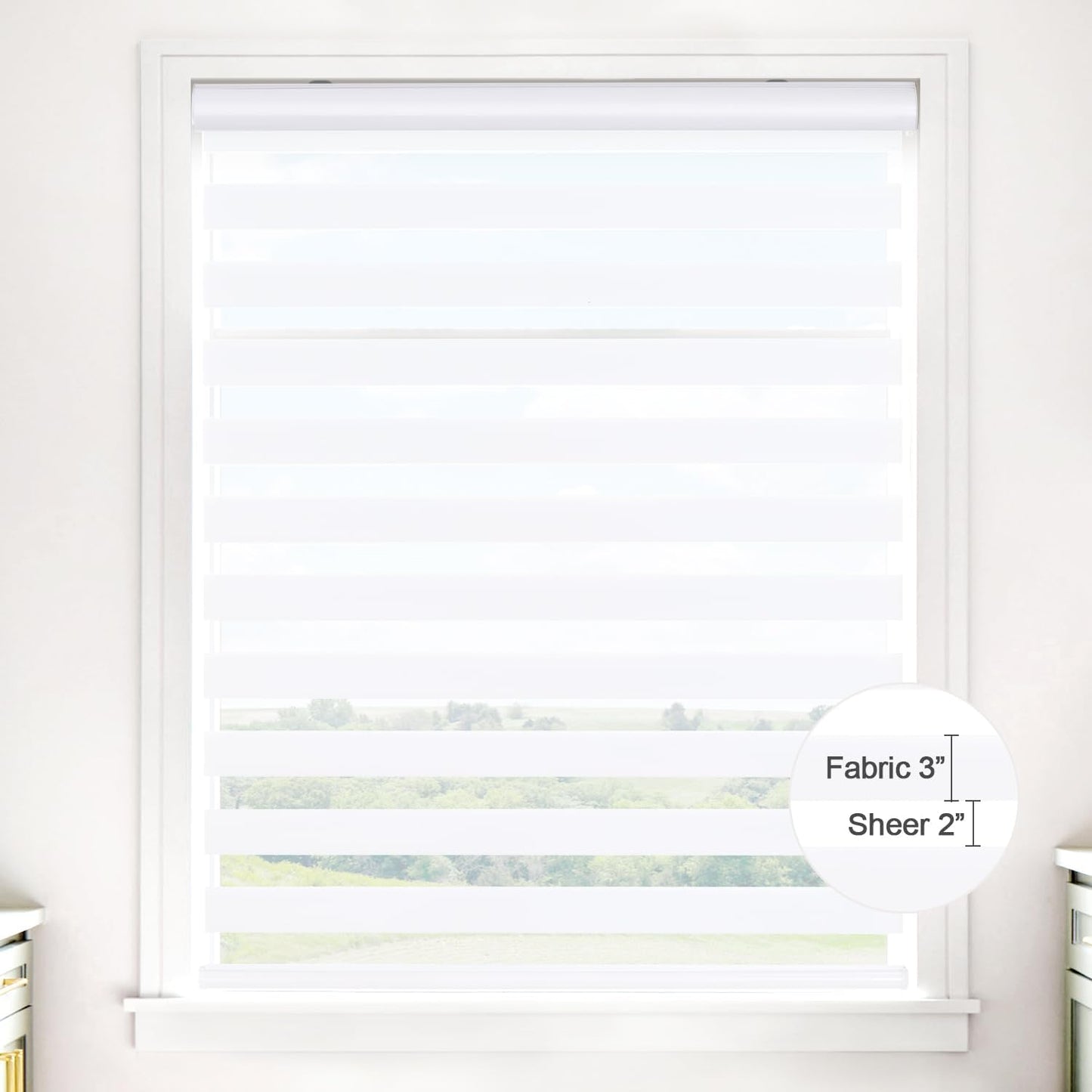 Zebra Blinds for Windows 43 x 72 inches, White Dual Layer Sheer Roller Shades Light Control Day and Night Privacy for Home Office