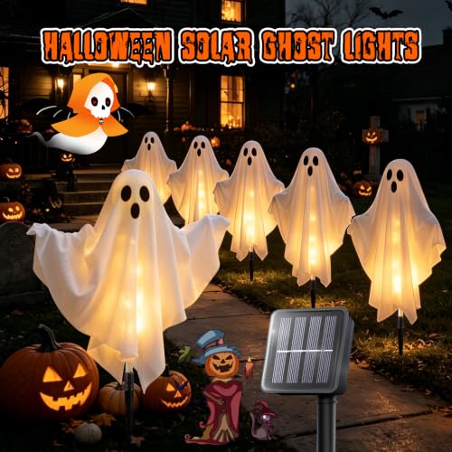 Halloween Ghost Solar Lights Outdoor 6 Pack - Warm White, Weatherproof & Adjustable Arms