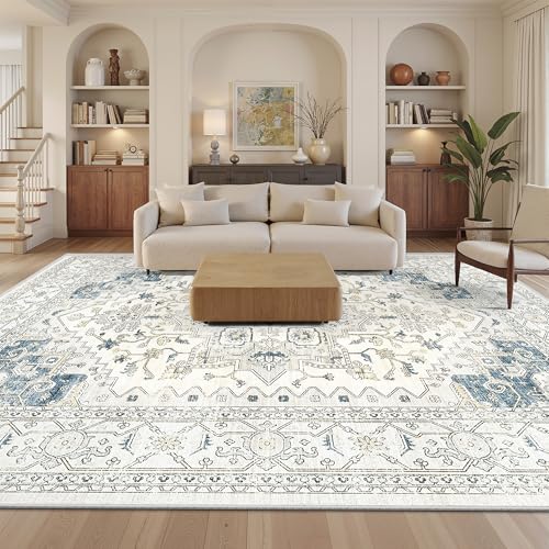 befbee 8x10 Beigeblue Washable Area Rug Stain-Resistant Non-Slip Living Room Carpet