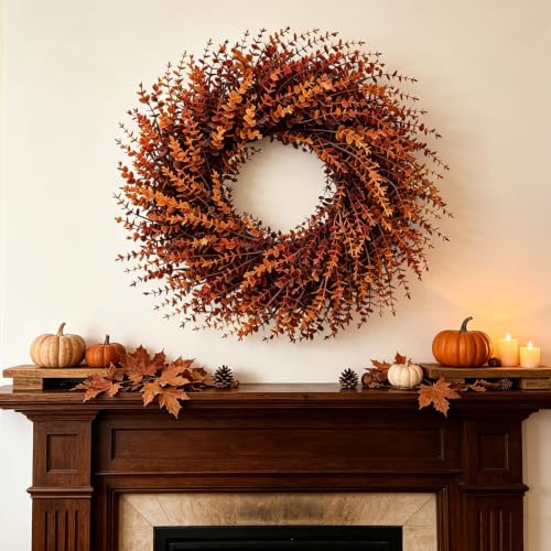 26in Fall Orange Eucalyptus Wreath - Artificial Autumn Decor, Large