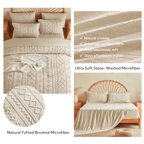 Queen Comforter Set 7 Pieces - Beige Boho Tufted Bedding with Microfiber