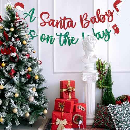Santa Baby is on the Way Banner - Christmas Baby Shower Decorations, Winter New Year Birthday Party Decorations, Red & Green Glitter