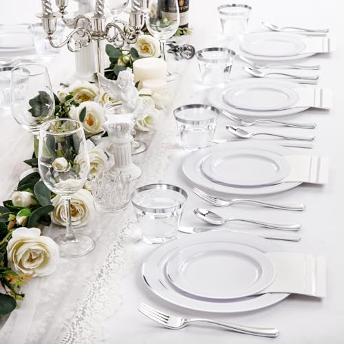 Silver Disposable Plastic Plates Set for 100 Guests - Includes Dinner & Dessert Plates, Cutlery, Cups & Napkins