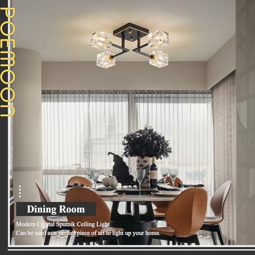 Poemoon Black Gold 18in Crystal Sputnik Chandelier 4-Light Ceiling Fixture