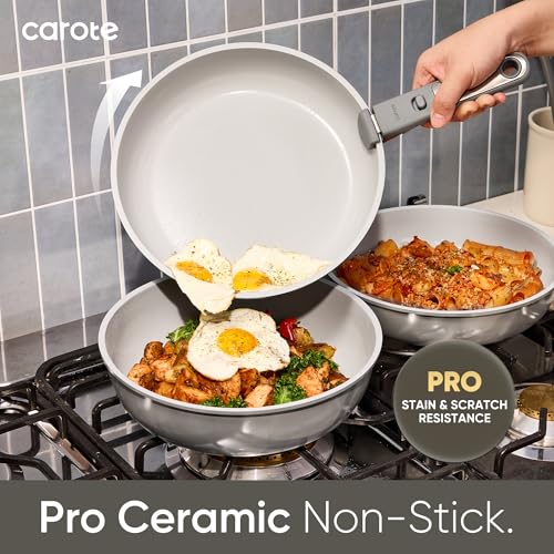 CAROTE 27pcs Ceramic Cookware Set Nonstick, Pots and Pans Set Non Stick, Non Toxic Cookware Detachable Handles, Dishwasher/Oven Safe, RV/Camping Cookware, Pan and Pot with Kitchen Utensils, Dark Gray