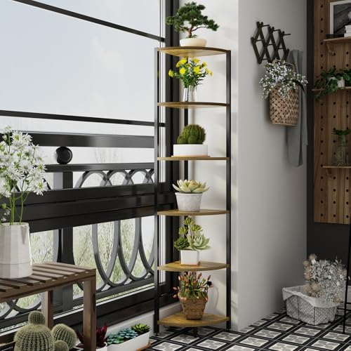 Rustic Brown 6-Tier Corner Shelf with LED Lights - 65 Inch Tall Narrow Storage Rack