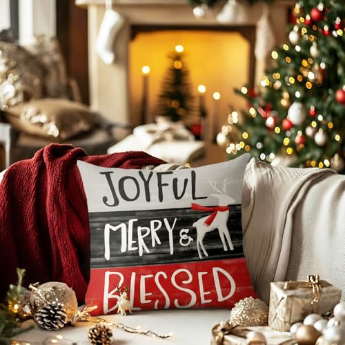 Christmas Tree Red & Black 18" x 18" Throw Pillow Covers Set of 4 – Santa Merry Xmas Decor