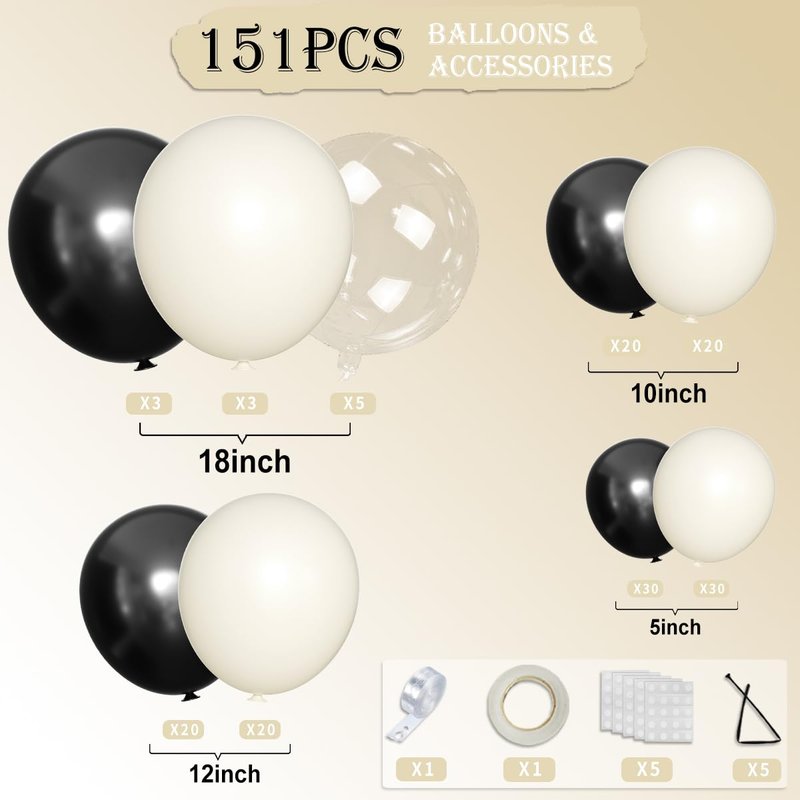 MOXMAY White Sand Black Balloons Arch Kit, 151Pcs Black Cream White and Bobo Balloons Garland 18 12 10 5 inch for Birthday Wedding Bridal Shower Bachelorette Anniversary Party Decorations