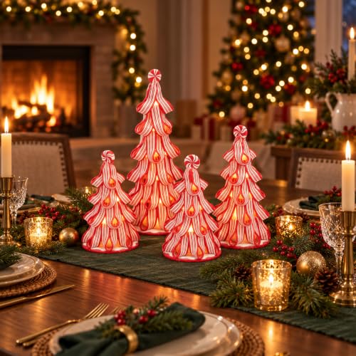 Multicolor 4 Pcs Christmas Ribbon Candy Table Trees with Lights