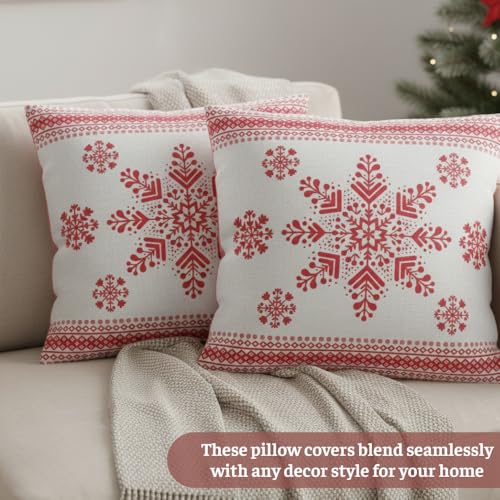 TSIMPLE Snowflake Pillow Cover 18x18 Inch Red & White Winter Holiday Decor