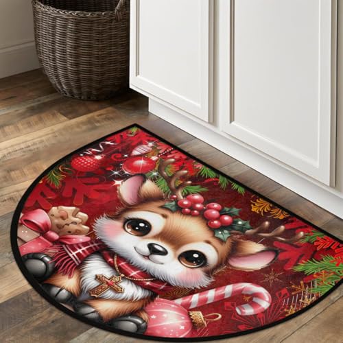 Pardick A02 Half Moon Christmas Door Mat Reindeer 36x24in Non-Slip Indoor/Outdoor Rug